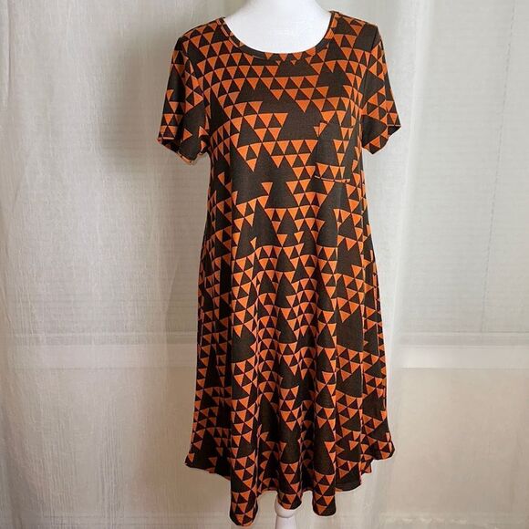 LLR S Carly Black Orange Triangular Print Crewneck Short Sleeve Hi Low Dress - Picture 1 of 12